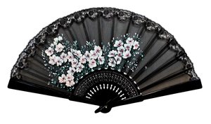 Ventaglio in Seta Pura con Pizzo - Dipinto a Mano - Sakura Nero