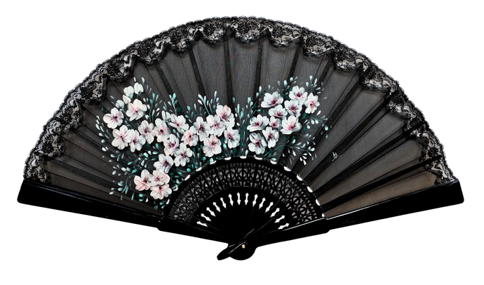 Ventaglio in Seta Pura con Pizzo - Dipinto a Mano - Sakura Nero