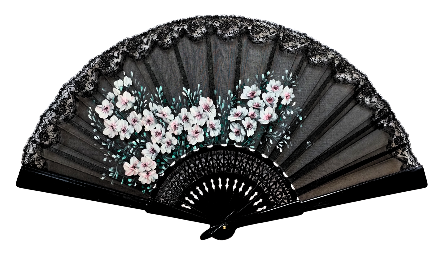 Ventaglio in Seta Pura con Pizzo - Dipinto a Mano - Sakura Nero