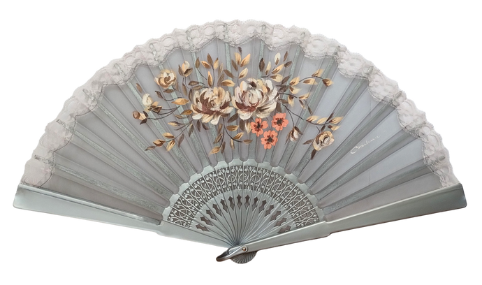 Ventaglio in Seta Pura con Pizzo - Dipinto a Mano - Rose d'Autunno