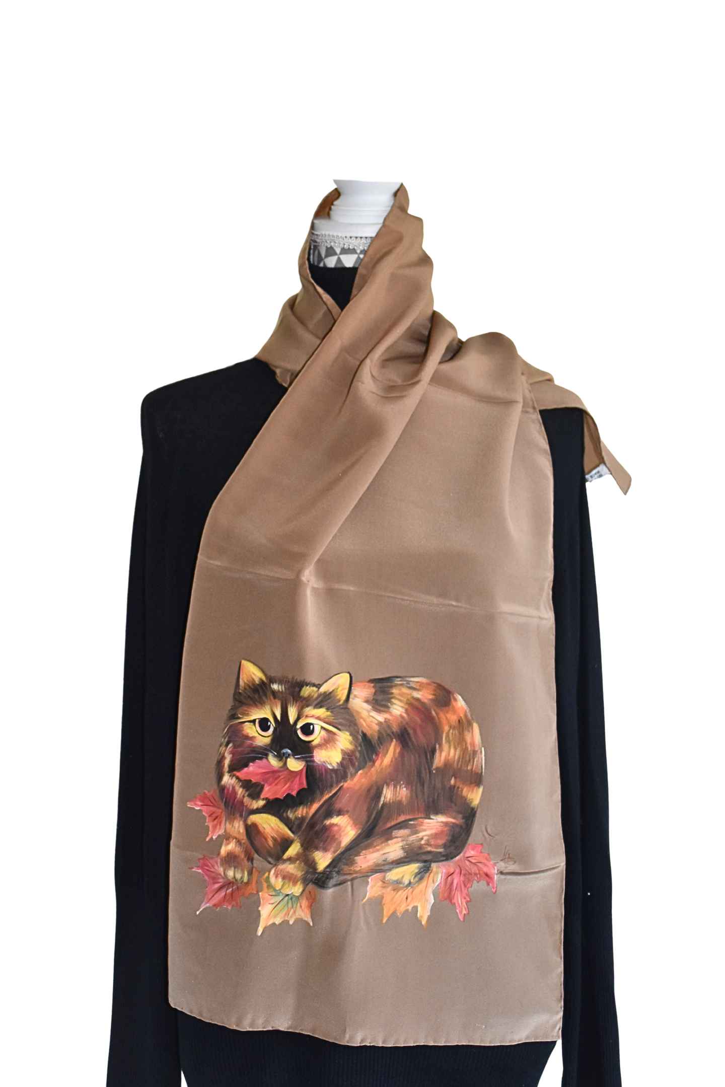 Sciarpa in seta dipinta a mano - Gatto d'autunno