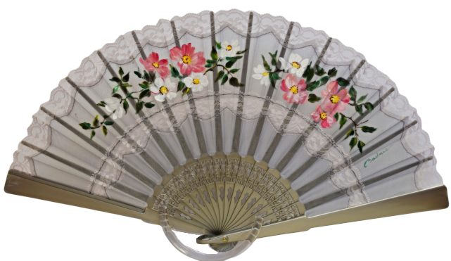 Pure Silk Fan with lace embroderies - Hand Painted - Ancient Roses
