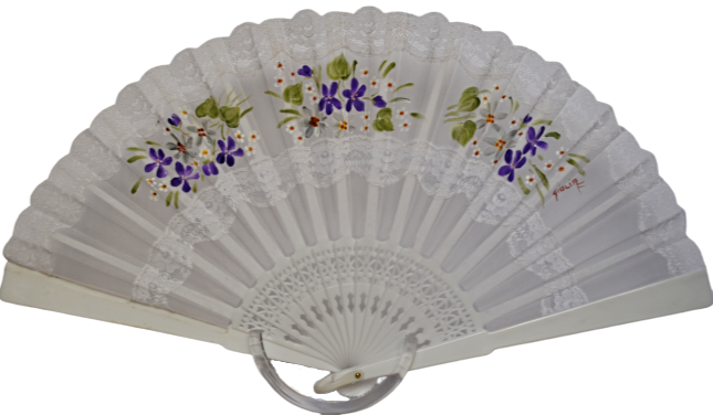 Pure Silk Fan with lace embroderies - Hand Painted - Violets