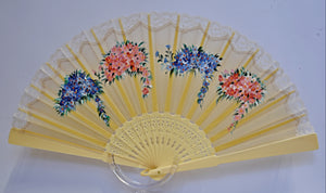 Pure Silk Fan with lace embroidery - Hand Painted - Myosotis