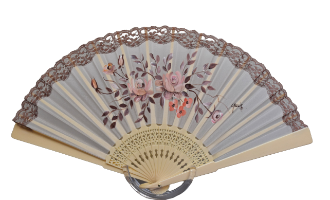 Pure Silk Fan with lace embroidery - Hand Painted - Blooming Roses